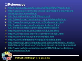 q References
Ø  http://edweb.sdsu.edu/Courses/EDTEC700/ETP/addie.htm
Ø  http://goanimate.com/video-maker-tips/what-is-a-storyboard-
    and-why-do-you-need-one/
Ø  http://en.wikipedia.org/wiki/Storyboard
Ø  http://www.instructionaldesign.org/models/addie.html
Ø  http://www.learning-theories.com/addie-model.html
Ø  http://www.instructionaldesigncentral.com/htm/
    IDC_instructionaldesignmodels.htm#dickcarey
Ø  http://www.youtube.com/watch?v=jiLLz1SaxGc
Ø  http://www.learning-theories.com/addie-model.html
Ø  http://www.siue.edu/~jomarsh/models.html
Ø  http://www.krummefamily.org/guides/bloom.html
Ø  http://uxdesign.smashingmagazine.com/2009/01/19/12-useful-
    techniques-for-good-user-interface-design-in-web-applications
Ø  http://www.webdesignerdepot.com/2010/10/how-to-design-a-
    great-user-interface/


         Instructional Design for E-Learning
 