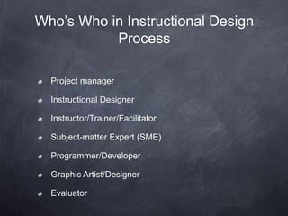 Project manager
Instructional Designer
Instructor/Trainer/Facilitator
Subject-matter Expert (SME)
Programmer/Developer
Graphic Artist/Designer
Evaluator
Who’s Who in Instructional Design
Process
 