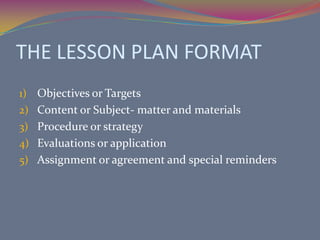 SECURING AND PREPARING THE MATERIALSIncludes list of reading material, pamphlets and newspapers, collection of audio-visual material and bibliography of books to be used. These materials are sure to provide students:with source when they forget their assignmentsTotal picture of what to expect that they doDefinite assignments so that students do not need to wait for the teacher for new assignmentsDefinite directions to eliminate misinterpretations