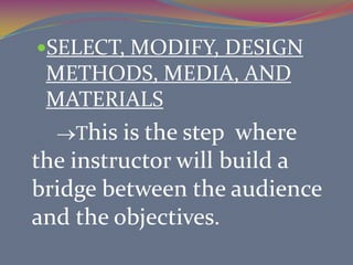 	Use the following questions to assess objectives:Does the objective will allow you to do the following with your lesson?1. Identify what the expectations are for the learner