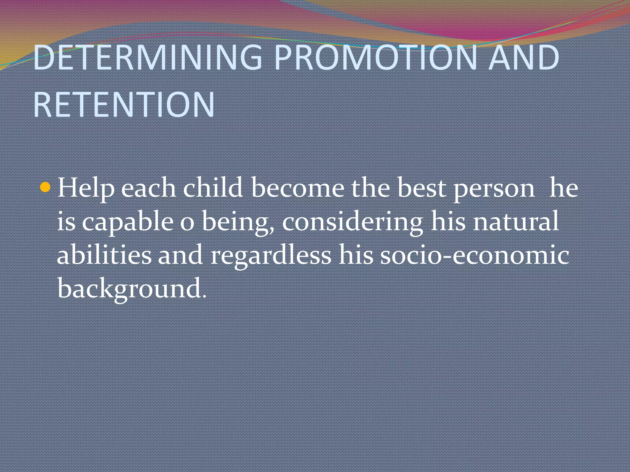 Types of Tests:Standard survey tests aim to measure the attainment process or status of the students or the school.Standard achievement tests aim to measure the student’s achievement as a result of instruction in a given subject or subjects.Diagnostic test aim to locate weaknesses and difficulties to students and if possible, the causes of such difficulties in the performance.Inventory test aim to measure the degree of mastery before the teaching of the subjects.Informal or teacher-made tests aim to measure the achievement, progress, weakness of defects of an individual student