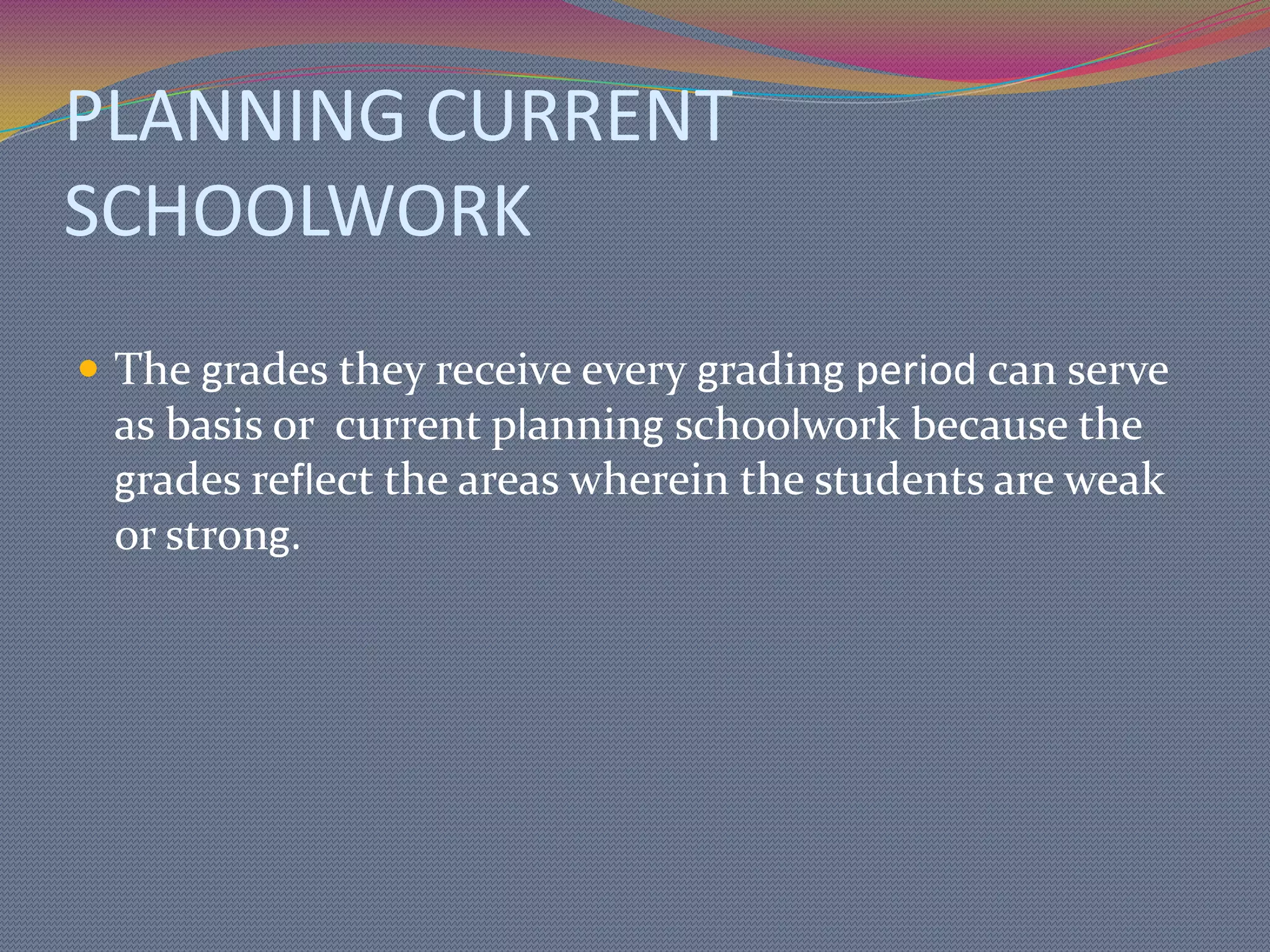 GRADING AND REPORTING STUDENTRecognized and accepted as one of the most difficult responsibilities of the teacher is grading and reporting the progress of students in their school work.The most important purpose that should be kept in mind is that reports should facilitate the educational development o each student in relation to his ability.