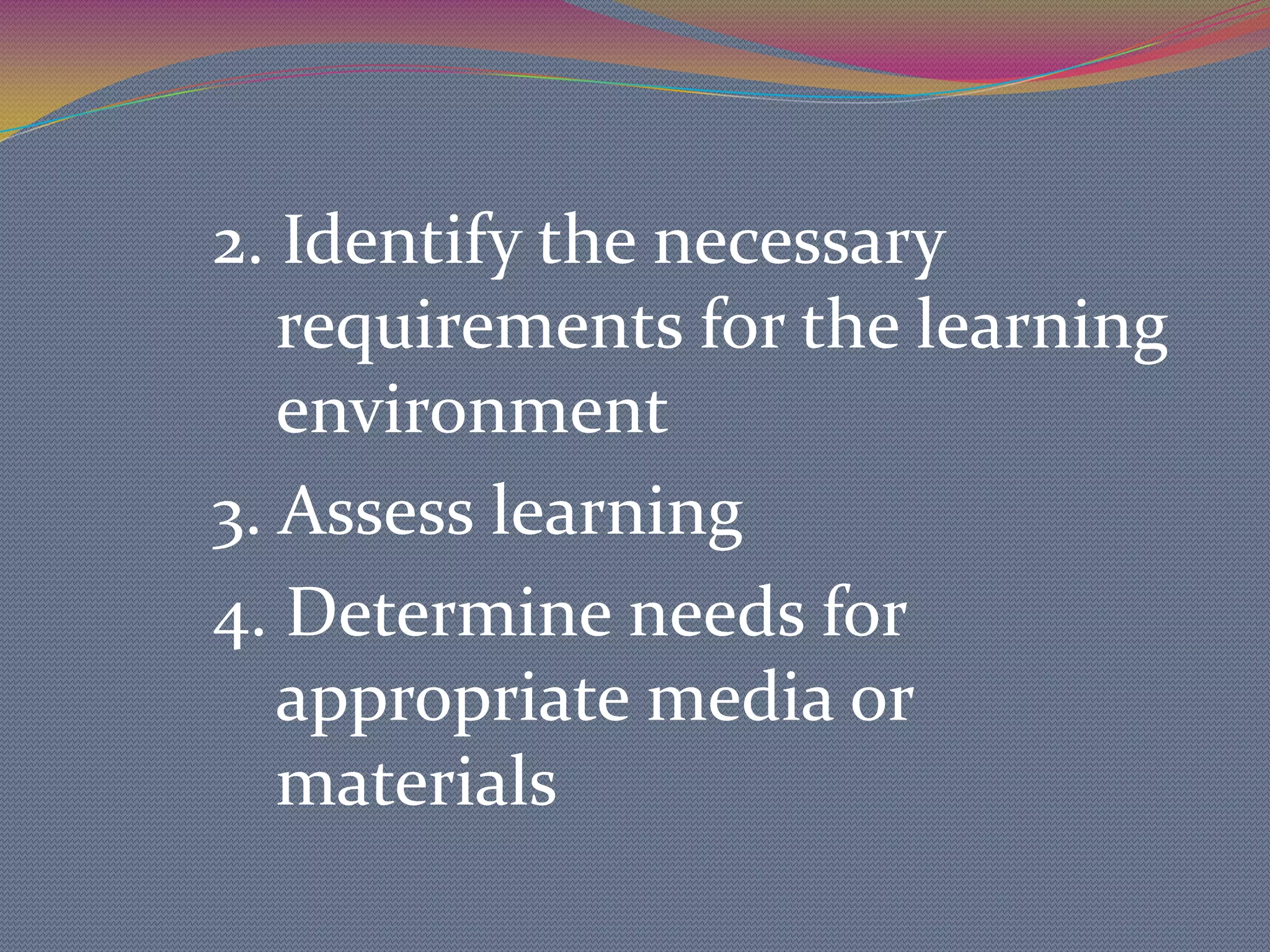 Objectives are descriptions of the learning outcomes and are written using the ABCD format.The ABCD format:AUDIENCE. Who is the audience? BEHAVIOR. What do you want them to do? 