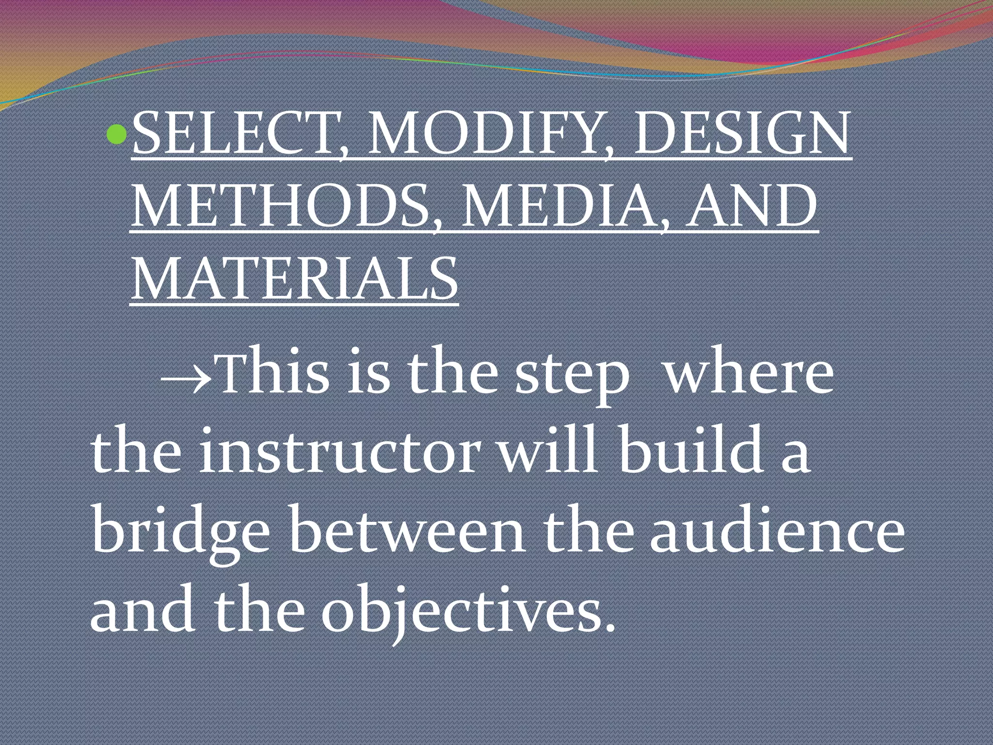 	Use the following questions to assess objectives:Does the objective will allow you to do the following with your lesson?1. Identify what the expectations are for the learner