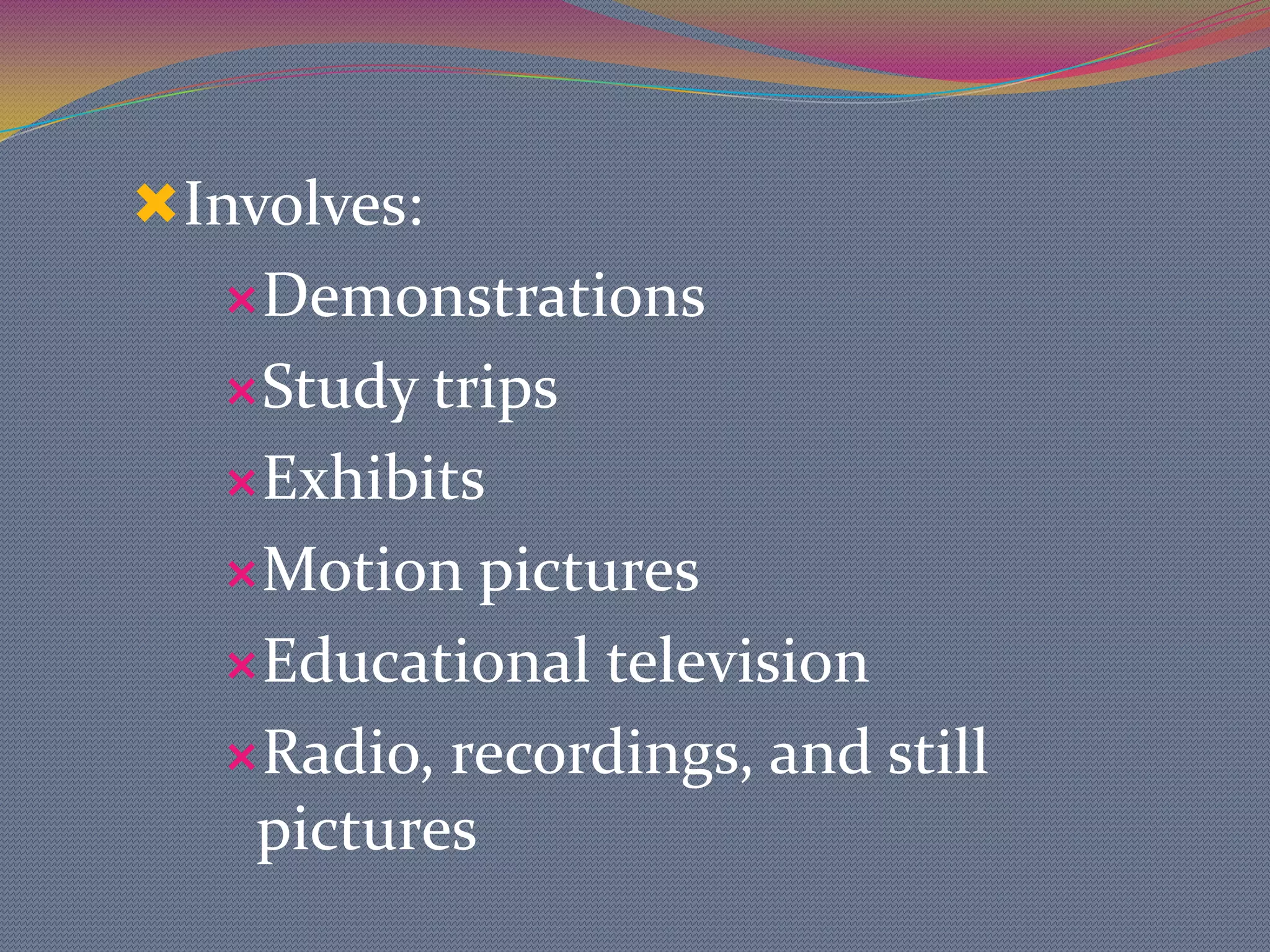 As one moves up the Cone there is not necessarily an increase in difficulty but rather an increase in abstract thoughtIntentions of the Cone of Experience