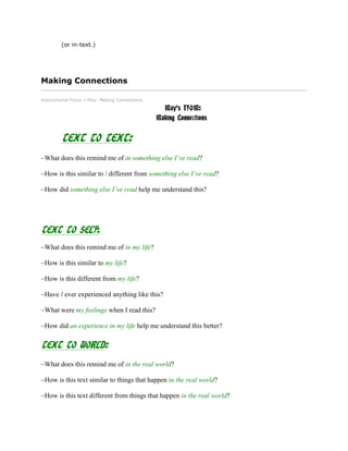 (or in-text.)
Making Connections
Instructional Focus » May: Making Connections
May's IFOM:
Making Connections
TEXT TO TEXT:
~What does this remind me of in something else I’ve read?
~How is this similar to / different from something else I’ve read?
~How did something else I’ve read help me understand this?
TEXT TO SELF:
~What does this remind me of in my life?
~How is this similar to my life?
~How is this different from my life?
~Have I ever experienced anything like this?
~What were my feelings when I read this?
~How did an experience in my life help me understand this better?
TEXT TO WORLD:
~What does this remind me of in the real world?
~How is this text similar to things that happen in the real world?
~How is this text different from things that happen in the real world?
 