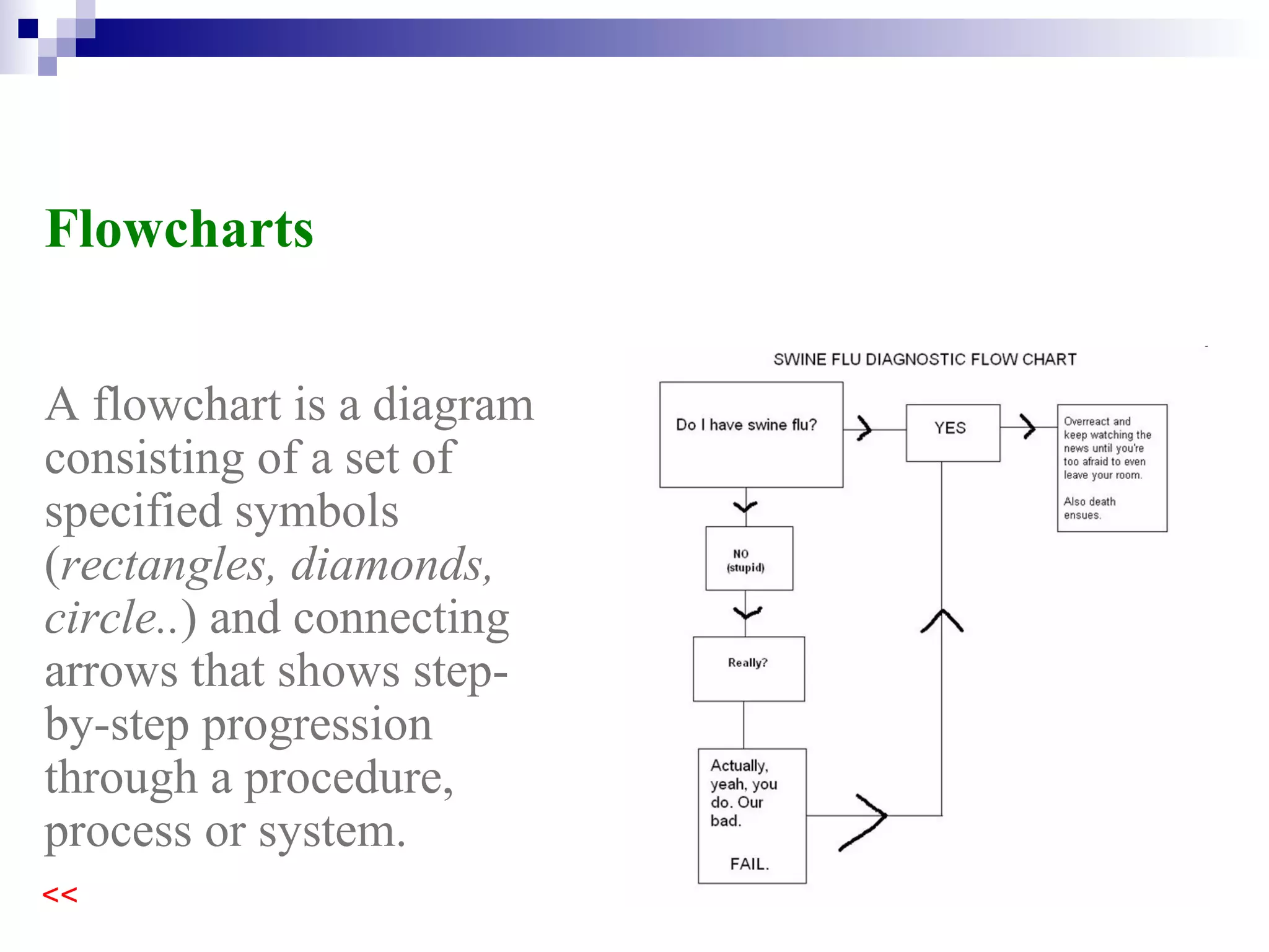 Flowcharts A diagram consisting of a set of specified symbols and connecting arrows that shows step-by-step progression through a process. 