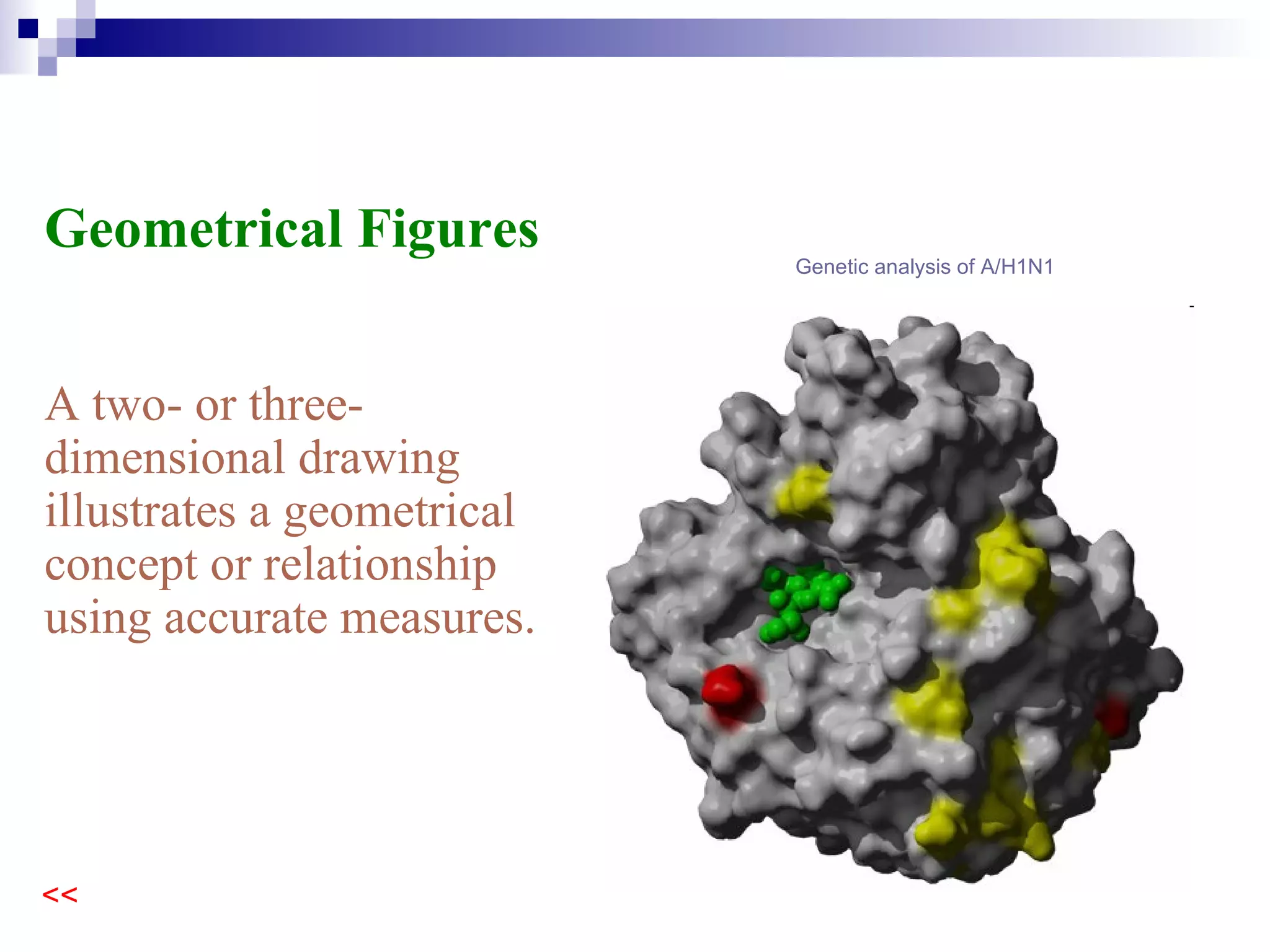 Geometrical Figures A two- or three-dimensional drawing illustrates a geometrical concept or relationship using accurate measures. 