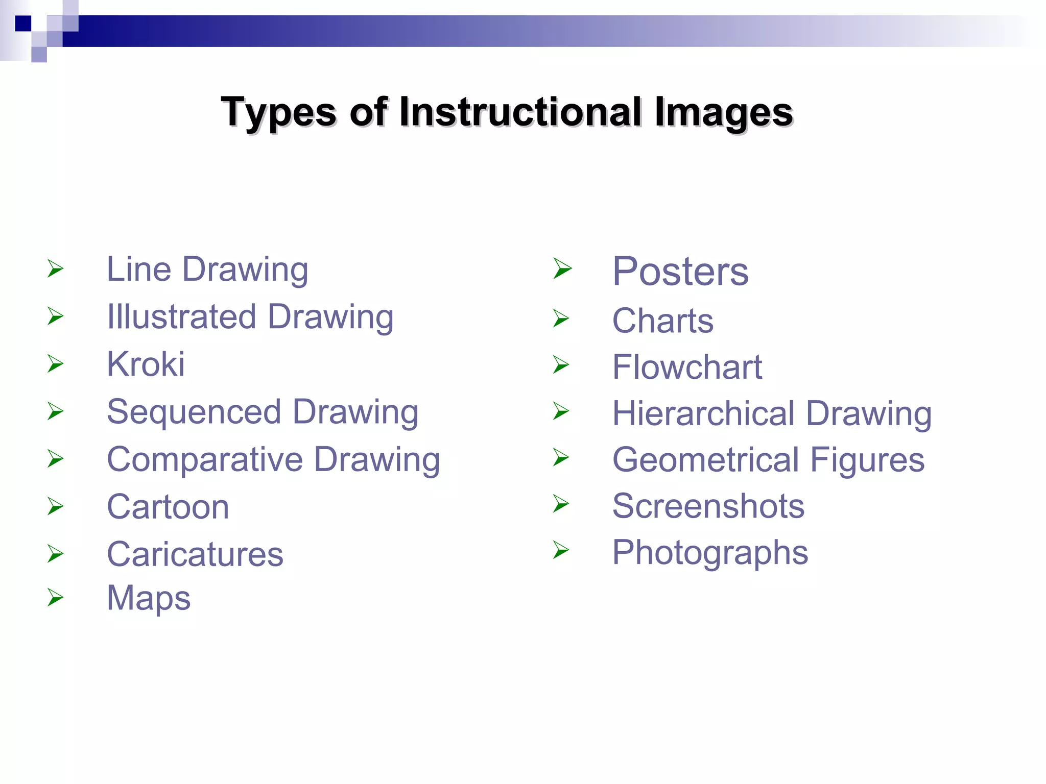 Line Drawing Illustrated Drawing Kroki  Sequenced Drawing Comparative Drawing Cartoon Caricatures Maps Posters Charts Flowchart  Hierarchical Drawing Geometrical Figures Screenshots Photographs Types of Instructional Images   Alaa Sadik © 2009 