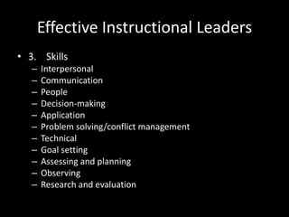 Effective Instructional Leaders
• 3. Skills
– Interpersonal
– Communication
– People
– Decision-making
– Application
– Problem solving/conflict management
– Technical
– Goal setting
– Assessing and planning
– Observing
– Research and evaluation
 