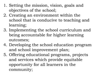 1. Setting the mission, vision, goals and
   objectives of the school;
2. Creating an environment within the
   school that is conducive to teaching and
   learning;
3. Implementing the school curriculum and
   being accountable for higher learning
   outcomes;
4. Developing the school education program
   and school improvement plan;
5. Offering educational programs, projects
   and services which provide equitable
   opportunity for all learners in the
   community;
 
