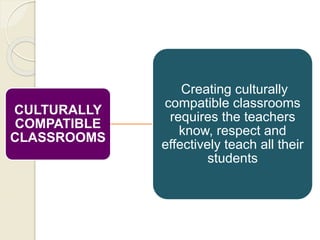 CULTURALLY
COMPATIBLE
CLASSROOMS
Creating culturally
compatible classrooms
requires the teachers
know, respect and
effectively teach all their
students
 