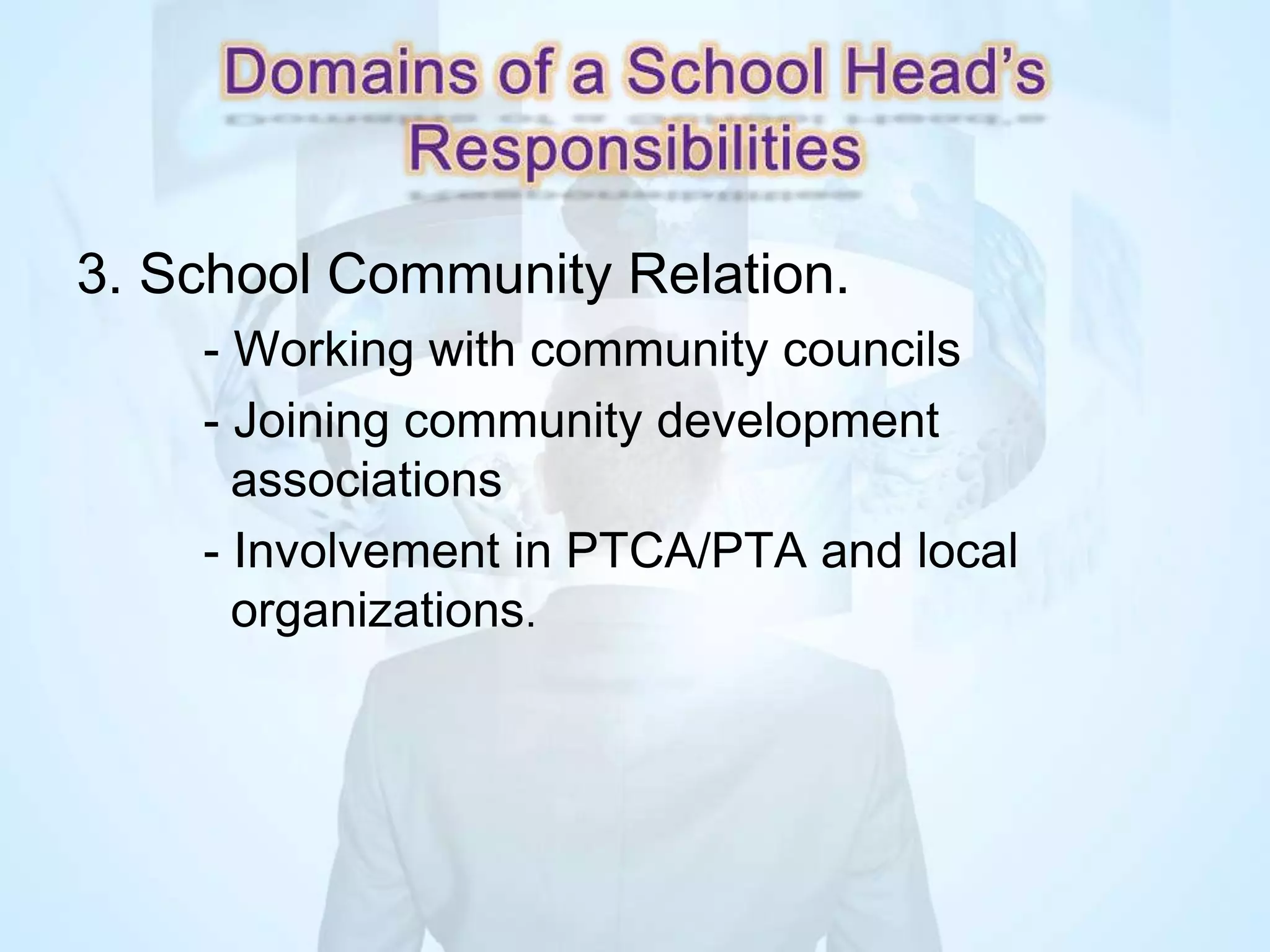 3. School Community Relation.
- Working with community councils
- Joining community development
associations
- Involvement in PTCA/PTA and local
organizations.
 