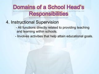 4. Instructional Supervision
- All functions directly related to providing teaching
and learning within schools.
- Involves activities that help attain educational goals.
Domains of a School Head’s
Responsibilities
 