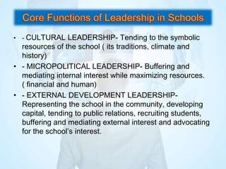 • - CULTURAL LEADERSHIP- Tending to the symbolic
resources of the school ( its traditions, climate and
history)
• - MICROPOLITICAL LEADERSHIP- Buffering and
mediating internal interest while maximizing resources.
( financial and human)
• - EXTERNAL DEVELOPMENT LEADERSHIP-
Representing the school in the community, developing
capital, tending to public relations, recruiting students,
buffering and mediating external interest and advocating
for the school’s interest.
 