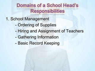 1. School Management
- Ordering of Supplies
- Hiring and Assignment of Teachers
- Gathering Information
- Basic Record Keeping
 