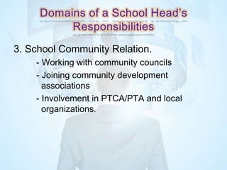 3. School Community Relation.
- Working with community councils
- Joining community development
associations
- Involvement in PTCA/PTA and local
organizations.
 