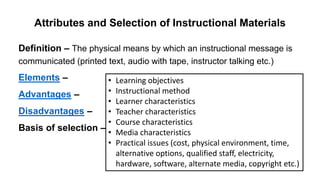 Attributes and Selection of Instructional Materials
Definition – The physical means by which an instructional message is
communicated (printed text, audio with tape, instructor talking etc.)
Elements –
Advantages –
Disadvantages –
Basis of selection –
• Learning objectives
• Instructional method
• Learner characteristics
• Teacher characteristics
• Course characteristics
• Media characteristics
• Practical issues (cost, physical environment, time,
alternative options, qualified staff, electricity,
hardware, software, alternate media, copyright etc.)
 