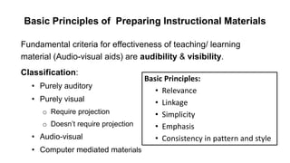 Basic Principles of Preparing Instructional Materials
Fundamental criteria for effectiveness of teaching/ learning
material (Audio-visual aids) are audibility & visibility.
Classification:
• Purely auditory
• Purely visual
o Require projection
o Doesn’t require projection
• Audio-visual
• Computer mediated materials
Basic Principles:
• Relevance
• Linkage
• Simplicity
• Emphasis
• Consistency in pattern and style
 