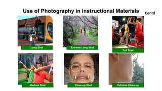 Use of Photography in Instructional Materials Contd
Long Shot Extreme Long Shot
Full Shot
Medium Shot Close-up Shot Extreme Close-up
 