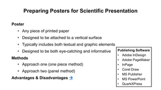 Preparing Posters for Scientific Presentation
Poster
• Any piece of printed paper
• Designed to be attached to a vertical surface
• Typically includes both textual and graphic elements
• Designed to be both eye-catching and informative
Methods
• Approach one (one piece method)
• Approach two (panel method)
Advantages & Disadvantages 
Publishing Software
• Adobe InDesign
• Adobe PageMaker
• InPage
• Corel Draw
• MS Publisher
• MS PowerPoint
• QuarkXPress
 