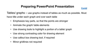 Preparing PowerPoint Presentation
Tables/ graphs – use graphs instead of tables as much as possible. Must
have title under each graph and over each table
• Emphasize key parts, so that the points are stronger
• Animate the graph/ table elements
• Use drawing tools to highlight a portion of a table/ graph
• Use strong contrasting color for drawing element
• Use callout box drawing tool, if required
• Minor gridlines not required
Contd
 