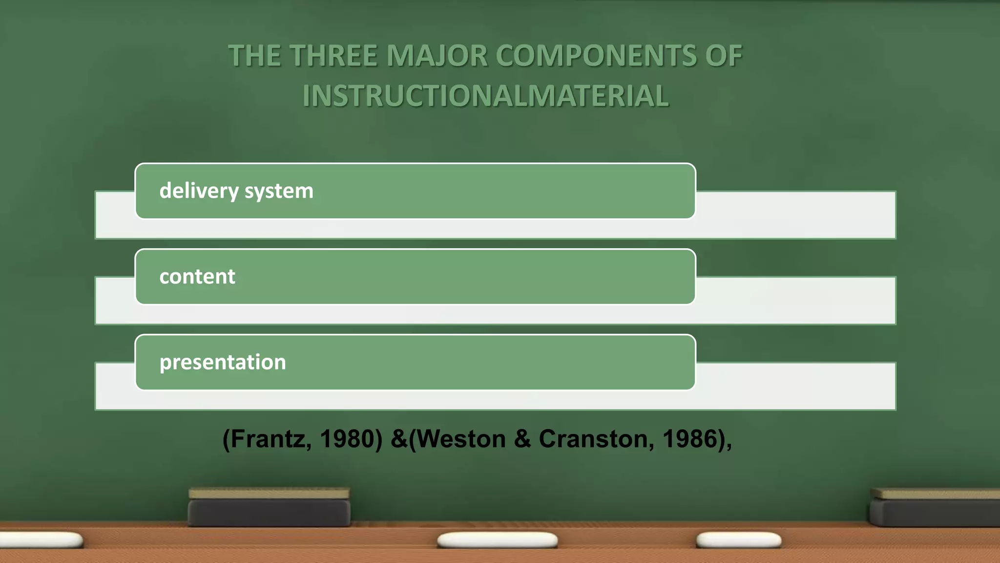 THE THREE MAJOR COMPONENTS OF
INSTRUCTIONALMATERIAL
delivery system
content
presentation
(Frantz, 1980) &(Weston & Cranston, 1986),
 