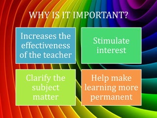 WHY IS IT IMPORTANT?
Increases the
effectiveness
of the teacher
Stimulate
interest
Clarify the
subject
matter
Help make
learning more
permanent
 