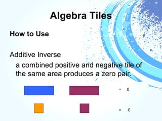 Algebra Tiles
How to Use
Additive Inverse
- a combined positive and negative tile of
the same area produces a zero pair.
= 0
= 0
 