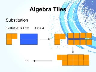 Algebra Tiles
Substitution
Evaluate 3 + 2x if x = 4
11
 