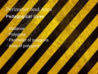 Perimeter and Area
Pedagogical Uses
Distance
Polygons
Perimeter of polygons
Area of polygons
 