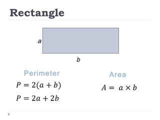 Rectangle
Perimeter Area
a
b
 
