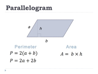 Parallelogram
Perimeter Area
a h
b
 