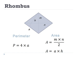 Rhombus
Perimeter Area
m
n
h
a
 