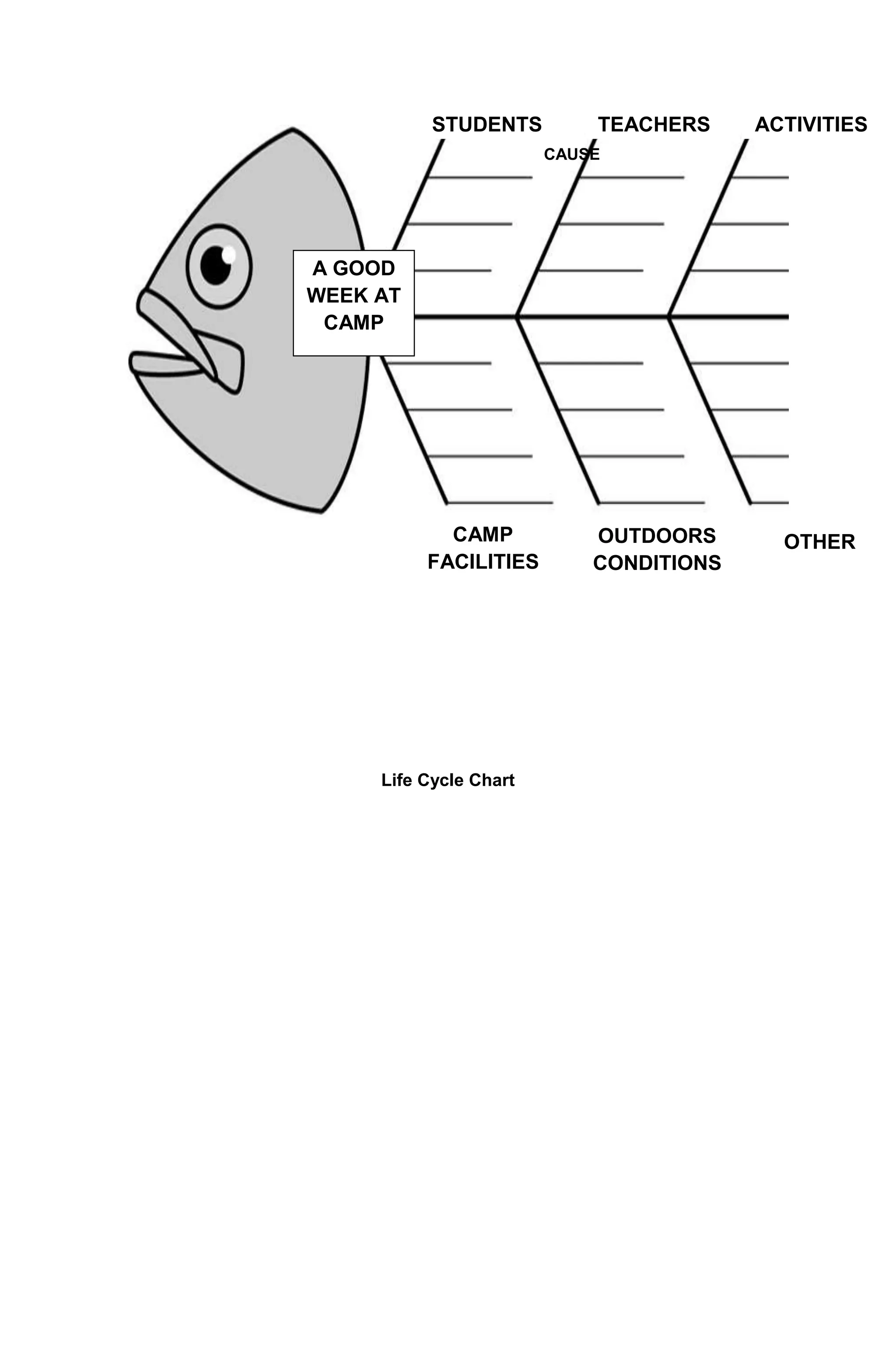 STUDENTS         TEACHERS     ACTIVITIES
                          CAUSE




A GOOD
WEEK AT
 CAMP

(effect)




              CAMP            OUTDOORS       OTHER
            FACILITIES        CONDITIONS




       Life Cycle Chart
 