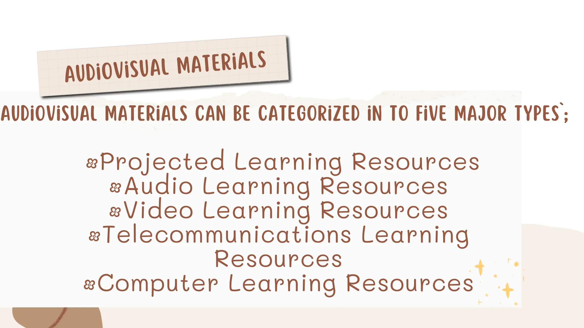 Audiovisual Materials
Audiovisual materials can be categorized in to five major types`;
•Projected Learning Resources
•Audio Learning Resources
•Video Learning Resources
•Telecommunications Learning
Resources
•Computer Learning Resources
 