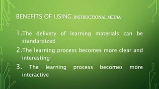 BENEFITS OF USING INSTRUCTIONAL MEDIA
1.The delivery of learning materials can be
standardized
2.The learning process becomes more clear and
interesting
3. The learning process becomes more
interactive
 