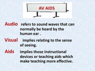 Audio refers to sound waves that can
normally be heard by the
human ear .
Visual implies relating to the sense
of seeing.
Aids implies those instructional
devices or teaching aids which
make teaching more effective.
AV AIDS
 