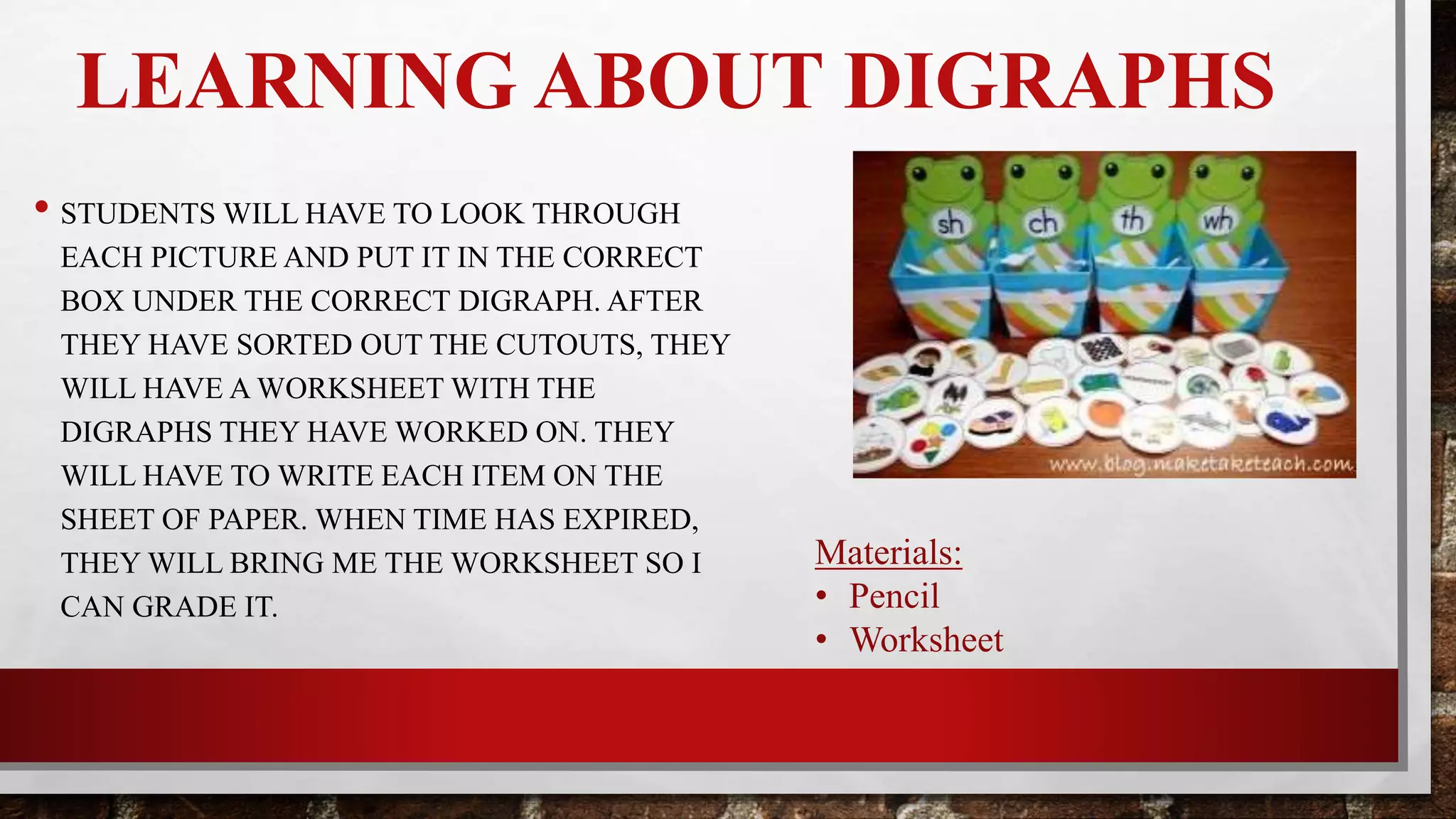 LEARNING ABOUT DIGRAPHS
•Students will have to look through each
picture and put it in the correct box under
the correct digraph. After they have sorted
out the cutouts, they will have a worksheet
with the digraphs they have worked on.
They will have to write each item on the
sheet of paper. When time has expired, they
will bring me their worksheet for me to
grade.
Materials:
• Pencil
• Worksheet
 