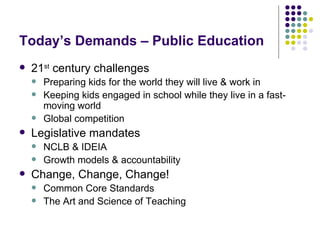 Today’s Demands – Public Education 21 st  century challenges Preparing kids for the world they will live & work in Keeping kids engaged in school while they live in a fast-moving world Global competition Legislative mandates NCLB & IDEIA Growth models & accountability Change, Change, Change! Common Core Standards The Art and Science of Teaching 