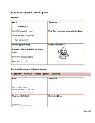 Page | 25
Expand vocabulary: Word Square
Example
Word
lumberjack
Part of the speech _noun____
Divide the word in syllable:
___lum-ber-jack (3)___
Sentence
Paul Bunyan was a strong lumberjack.
Meaning (definition)
A person whose job is to cut down
trees
Synonym: manual laborer
Antonym: _____X______
Illustration (draw )
Use the following words in each square.
Vocabulary: mumbles - wander – gesture - absorbed
Word
Part of the speech_______
Divide the word in syllable:
__________________________
Sentence
Meaning (definition)
Synonym: ____________
Illustration (draw )
 