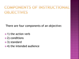 There are four components of an objective:
 1) the action verb
 2) conditions
 3) standard
 4) the intended audience
 