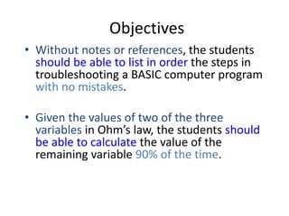 Objectives
• Without notes or references, the students
should be able to list in order the steps in
troubleshooting a BASIC computer program
with no mistakes.
• Given the values of two of the three
variables in Ohm’s law, the students should
be able to calculate the value of the
remaining variable 90% of the time.
 