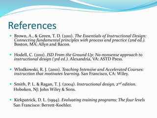 References
 Brown, A., & Green, T. D. (2011). The Essentials of Instructional Design:
Connecting fundamental principles with process and practice (2nd ed.).
Boston, MA: Allyn and Bacon.
 Hodell, C. (2011). ISD From the Ground Up: No-nonsense approach to
instructional design (3rd ed.). Alexandria, VA: ASTD Press.
 Wlodkowski, R. J. (2010). Teaching Intensive and Accelerated Courses:
instruction that motivates learning. San Francisco, CA: Wiley.
 Smith, P. L. & Ragan, T. J. (2004). Instructional design, 2nd edition.
Hoboken, NJ: John Wiley & Sons.
 Kirkpatrick, D. L. (1994). Evaluating training programs: The four levels
San Francisco: Berrett-Koehler.
 