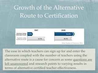 Growth of the Alternative
        Route to Certiﬁcation



                                        (Texas Teachers of Tomorrow, 2011).




The ease in which teachers can sign up for and enter the
classroom coupled with the number of teachers using the
alternative route is a cause for concern as some questions are
left unanswered and research points to varying results in
terms of alternative certiﬁed teacher effectiveness.
 