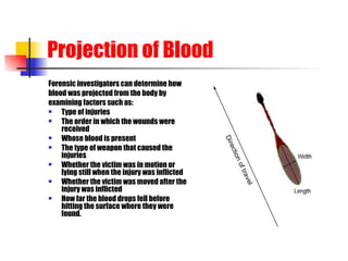 Projection of Blood Forensic investigators can determine how blood was projected from the body by  examining factors such as:  Type of injuries The order in which the wounds were received Whose blood is present The type of weapon that caused the injuries Whether the victim was in motion or lying still when the injury was inflicted Whether the victim was moved after the injury was inflicted How far the blood drops fell before hitting the surface where they were found. 