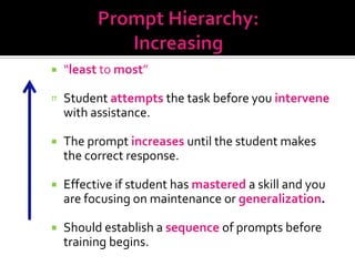    “least to most”
Most
Support Student attempts the task before you intervene
      
          with assistance.

         The prompt increases until the student makes
          the correct response.

         Effective if student has mastered a skill and you
          are focusing on maintenance or generalization.

Least  Should establish a sequence of prompts before
Support training begins.
 