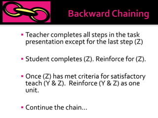  Teacher completes all steps in the task
 presentation except for the last step (Z)

 Student completes (Z). Reinforce for (Z).

 Once (Z) has met criteria for satisfactory
 teach (Y & Z). Reinforce (Y & Z) as one
 unit.

 Continue the chain…
 