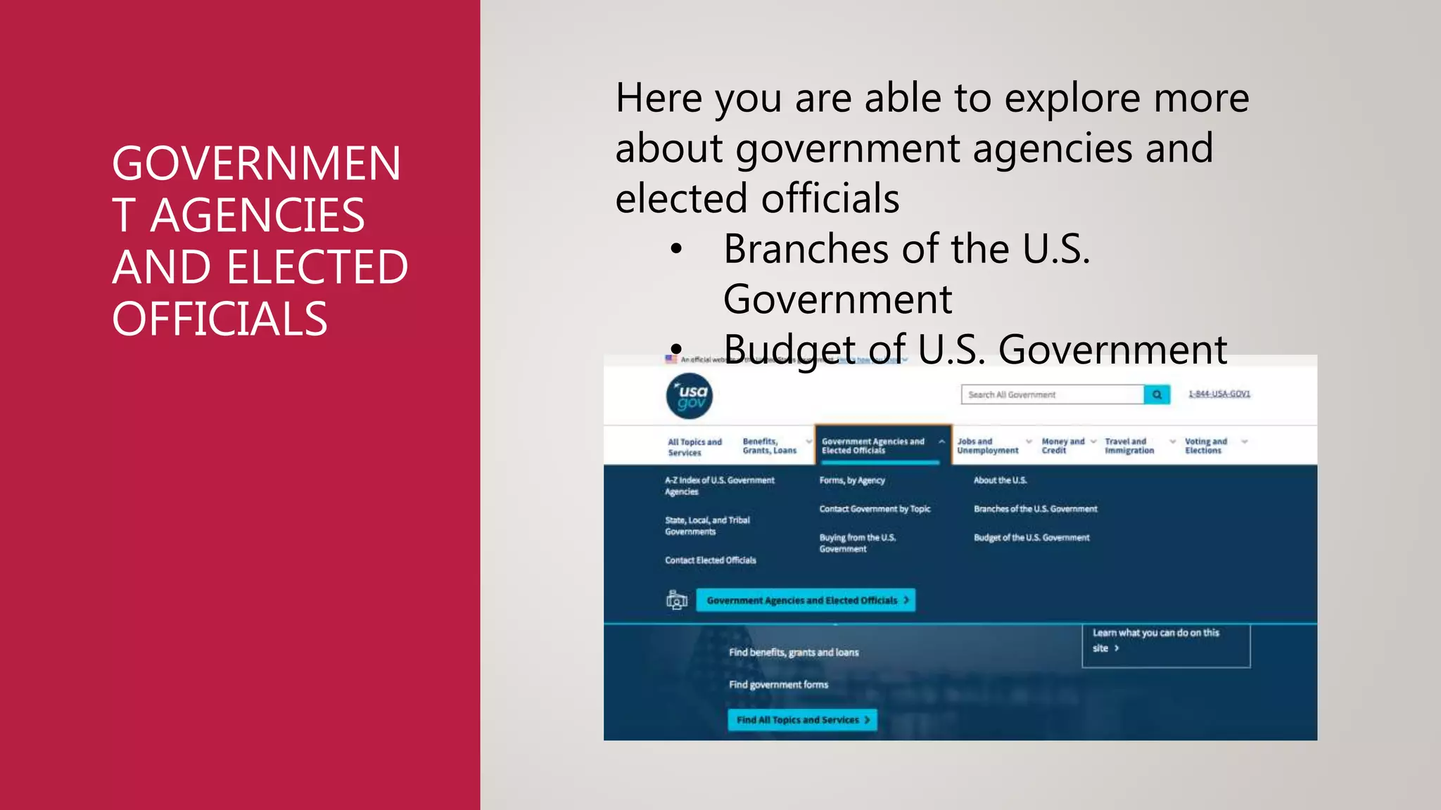 GOVERNMEN
T AGENCIES
AND ELECTED
OFFICIALS
Here you are able to explore more
about government agencies and
elected officials
• Branches of the U.S.
Government
• Budget of U.S. Government
 