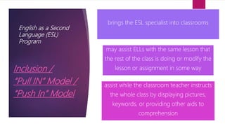 English as a Second
Language (ESL)
Program
brings the ESL specialist into classrooms
may assist ELLs with the same lesson that
the rest of the class is doing or modify the
lesson or assignment in some way
assist while the classroom teacher instructs
the whole class by displaying pictures,
keywords, or providing other aids to
comprehension
Inclusion /
“Pull IN” Model /
“Push In” Model
 